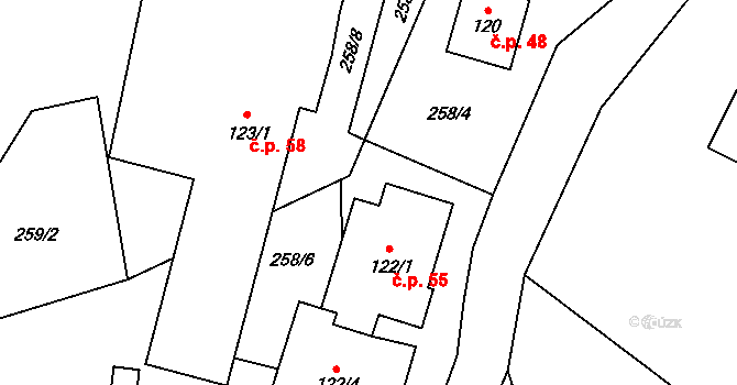 Dřevíkov 55, Vysočina na parcele st. 122/1 v KÚ Dřevíkov, Katastrální mapa