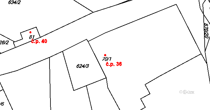 Lhota u Chroustovic 36, Chroustovice na parcele st. 70/1 v KÚ Lhota u Chroustovic, Katastrální mapa