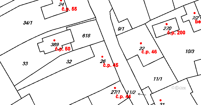 Tachlovice 45 na parcele st. 26 v KÚ Tachlovice, Katastrální mapa