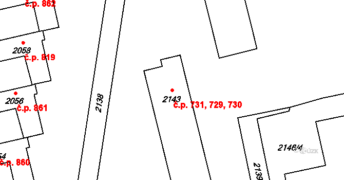 Mohelnice 729,730,731 na parcele st. 2143 v KÚ Mohelnice, Katastrální mapa