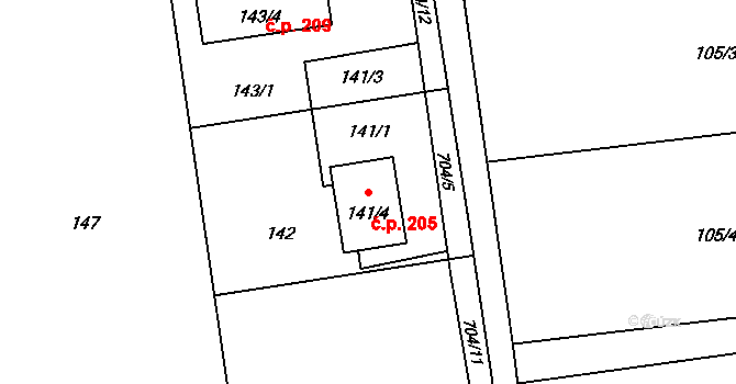 Dolní Datyně 205, Havířov na parcele st. 141/4 v KÚ Dolní Datyně, Katastrální mapa