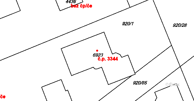 Kroměříž 3344 na parcele st. 6923 v KÚ Kroměříž, Katastrální mapa