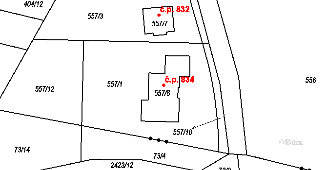Srubec 834 na parcele st. 557/8 v KÚ Srubec, Katastrální mapa