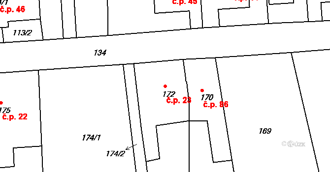 Pávov 23, Jihlava na parcele st. 172 v KÚ Pávov, Katastrální mapa