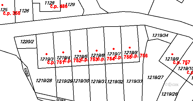 Doksy 754 na parcele st. 1219/6 v KÚ Doksy u Máchova jezera, Katastrální mapa