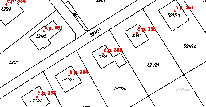 Krmelín 355 na parcele st. 521/38 v KÚ Krmelín, Katastrální mapa