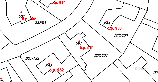 Švermov 951, Kladno na parcele st. 591 v KÚ Hnidousy, Katastrální mapa
