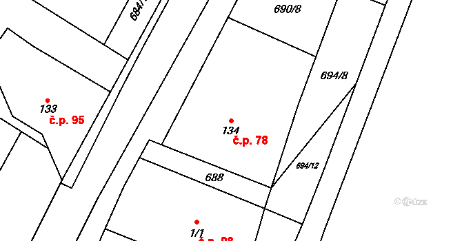 Břevenec 78, Šumvald na parcele st. 134 v KÚ Břevenec, Katastrální mapa