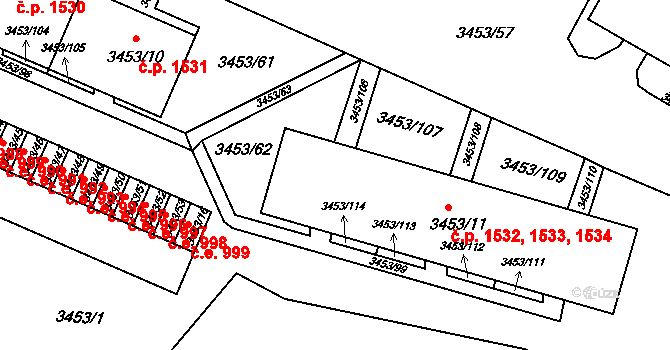 Děčín VI-Letná 1532,1533,1534, Děčín na parcele st. 3453/11 v KÚ Podmokly, Katastrální mapa