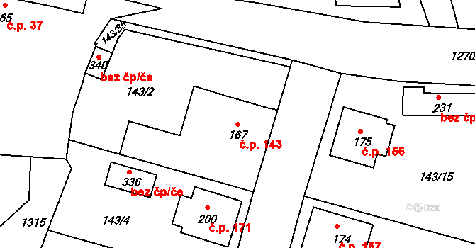Střelské Hoštice 143 na parcele st. 167 v KÚ Střelské Hoštice, Katastrální mapa