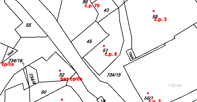 Dobronice u Bechyně 5 na parcele st. 51 v KÚ Dobronice u Bechyně, Katastrální mapa