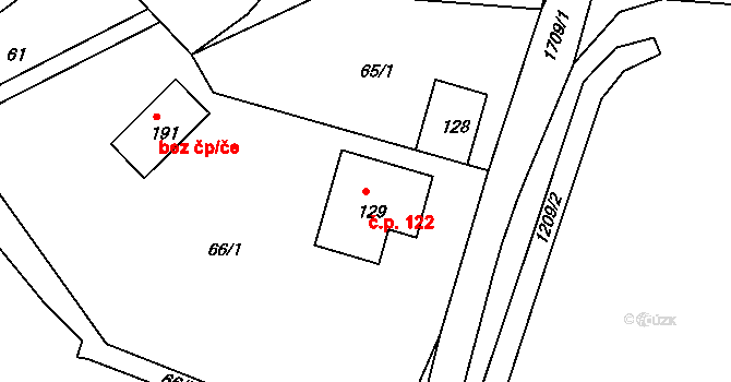 Měrunice 122 na parcele st. 129 v KÚ Měrunice, Katastrální mapa