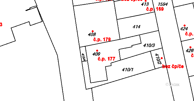 Řeporyje 177, Praha na parcele st. 409 v KÚ Řeporyje, Katastrální mapa