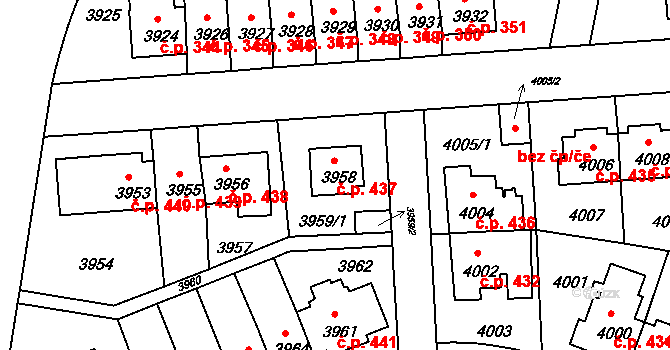 Záběhlice 437, Praha na parcele st. 3958 v KÚ Záběhlice, Katastrální mapa