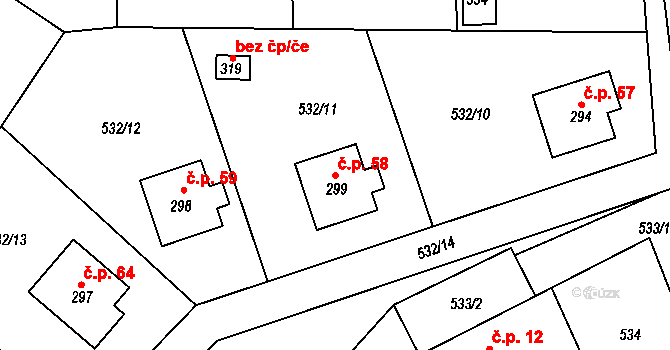 Tihava 58, Kotopeky na parcele st. 299 v KÚ Kotopeky, Katastrální mapa