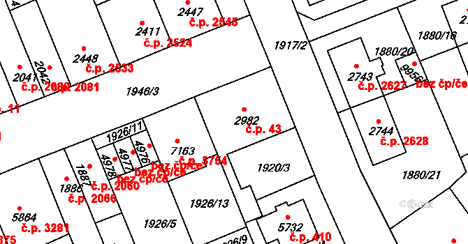 Hodonín 43 na parcele st. 2982 v KÚ Hodonín, Katastrální mapa