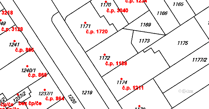 Chomutov 1188 na parcele st. 1172 v KÚ Chomutov I, Katastrální mapa