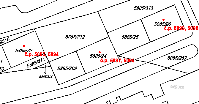 Chomutov 5096,5097 na parcele st. 5885/24 v KÚ Chomutov I, Katastrální mapa