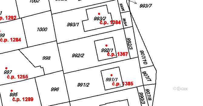 Šlapanice 1367 na parcele st. 992/1 v KÚ Šlapanice u Brna, Katastrální mapa