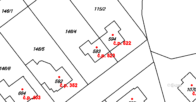 Mirošov 523 na parcele st. 593 v KÚ Mirošov, Katastrální mapa