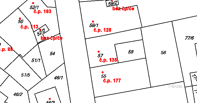 Černice 135, Plzeň na parcele st. 57 v KÚ Černice, Katastrální mapa