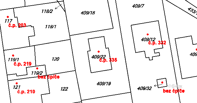 Semice 335 na parcele st. 409/22 v KÚ Semice nad Labem, Katastrální mapa