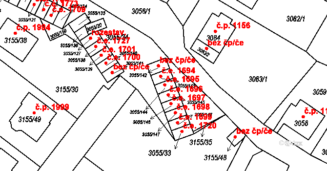 Děčín VI-Letná 1695, Děčín na parcele st. 3055/144 v KÚ Podmokly, Katastrální mapa