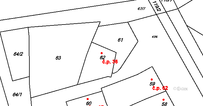 Marefy 36, Bučovice na parcele st. 62 v KÚ Marefy, Katastrální mapa