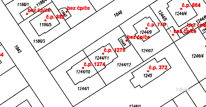 Černice 1275, Plzeň na parcele st. 1244/11 v KÚ Bručná, Katastrální mapa