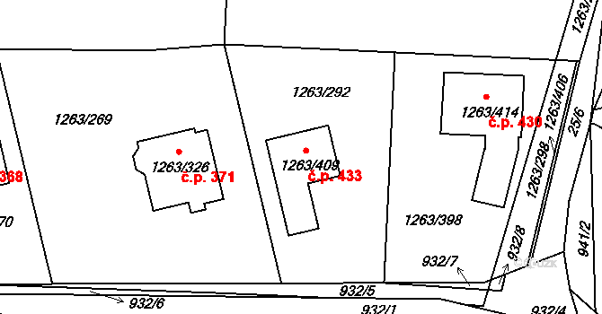 Hvozdná 433 na parcele st. 1263/409 v KÚ Hvozdná, Katastrální mapa