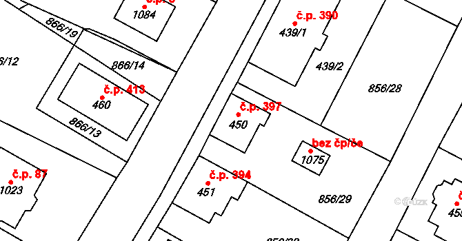 Hanušovice 397 na parcele st. 450 v KÚ Hanušovice, Katastrální mapa