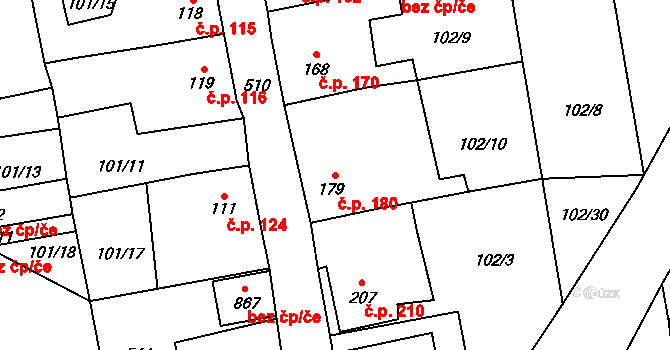 Rudná 180 na parcele st. 179 v KÚ Dušníky u Rudné, Katastrální mapa