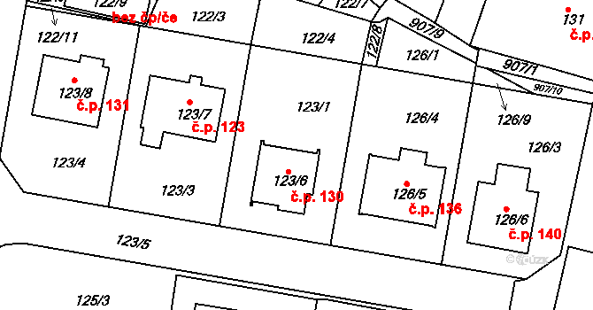 Poběžovice 130 na parcele st. 123/6 v KÚ Poběžovice u Domažlic, Katastrální mapa