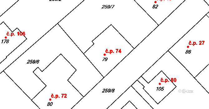 Úhřetická Lhota 74 na parcele st. 79 v KÚ Úhřetická Lhota, Katastrální mapa