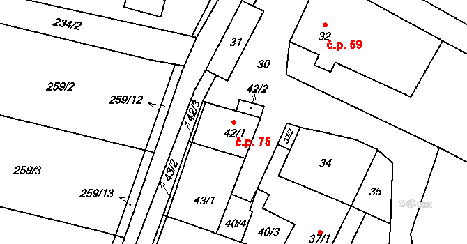 Chrudichromy 75 na parcele st. 42/1 v KÚ Chrudichromy, Katastrální mapa