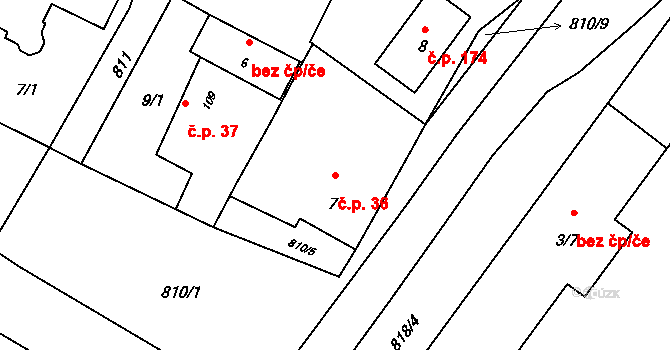 Lužany 36 na parcele st. 7 v KÚ Lužany u Přeštic, Katastrální mapa