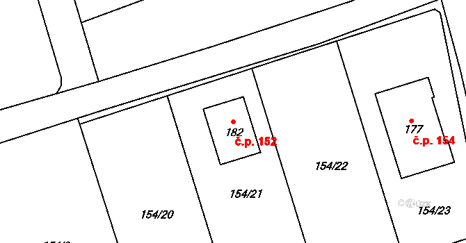 Dobříč 152 na parcele st. 182 v KÚ Dobříč u Prahy, Katastrální mapa
