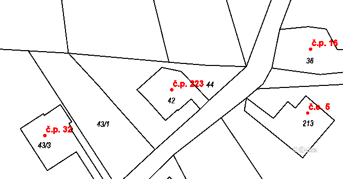 Rybniště 223 na parcele st. 42 v KÚ Rybniště, Katastrální mapa