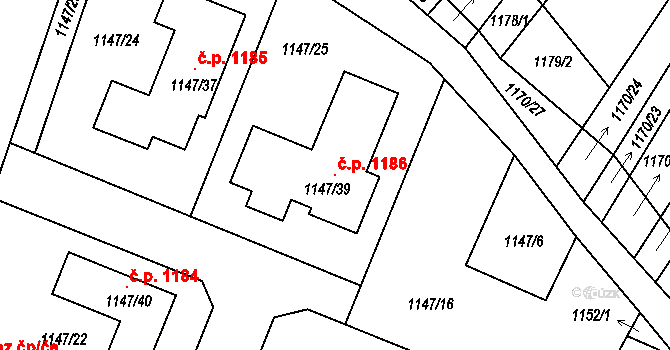 Jemnice 1186 na parcele st. 1147/39 v KÚ Jemnice, Katastrální mapa