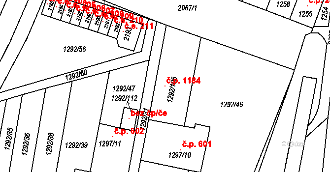 Modřice 1184 na parcele st. 1292/105 v KÚ Modřice, Katastrální mapa