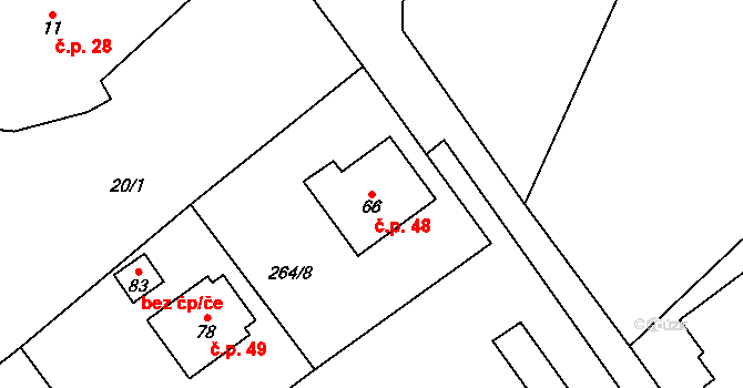Těnovice 48, Spálené Poříčí na parcele st. 66 v KÚ Těnovice, Katastrální mapa