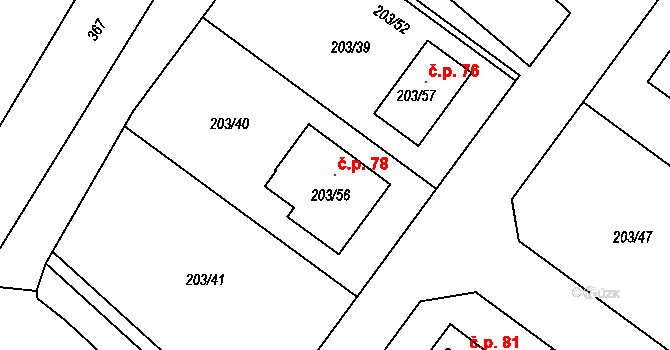 Žádlovice 78, Loštice na parcele st. 203/56 v KÚ Žádlovice, Katastrální mapa