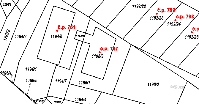 Troubsko 787 na parcele st. 1198/3 v KÚ Troubsko, Katastrální mapa