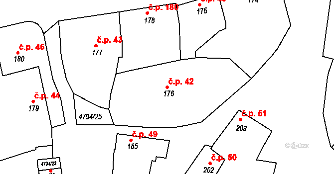 Vémyslice 42 na parcele st. 176 v KÚ Vémyslice, Katastrální mapa