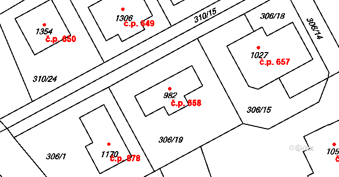 Horoměřice 658 na parcele st. 982 v KÚ Horoměřice, Katastrální mapa