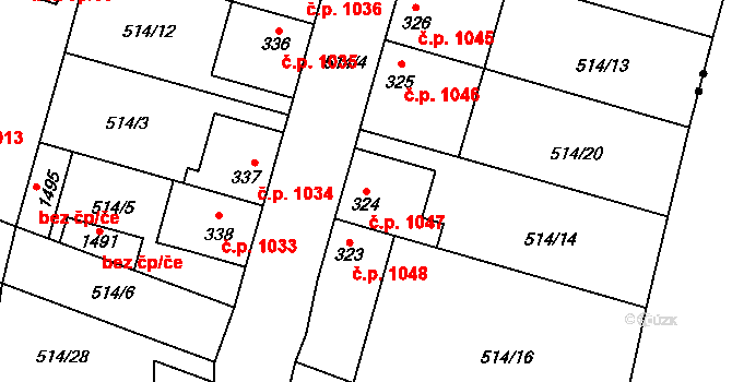 Hostivice 1047 na parcele st. 324 v KÚ Litovice, Katastrální mapa