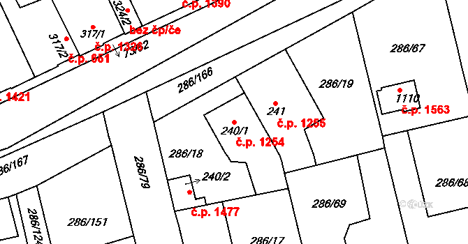 Švermov 1254, Kladno na parcele st. 240/1 v KÚ Hnidousy, Katastrální mapa
