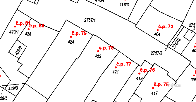 Dačice I 78, Dačice na parcele st. 423 v KÚ Dačice, Katastrální mapa