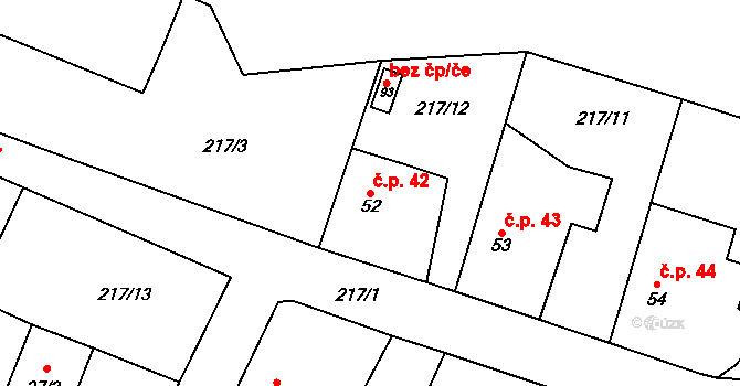 Třenice 42, Cerhovice na parcele st. 52 v KÚ Třenice, Katastrální mapa