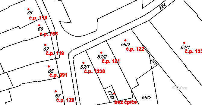 Hulín 121 na parcele st. 57/2 v KÚ Hulín, Katastrální mapa